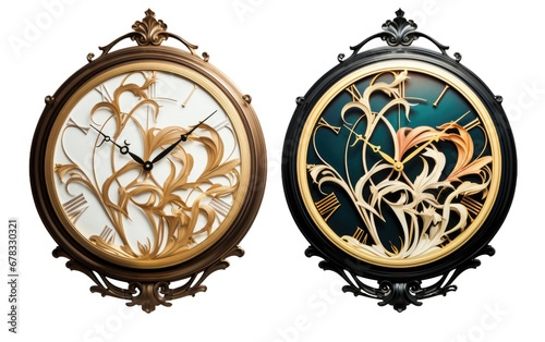 Beautiful Art Nouveau Wall Clocks Isolated On a Clear Surface or PNG Transparent Background.