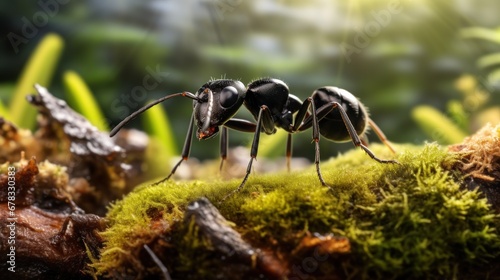 Close-up of a black garden ant in nature, generative ai © Hixel