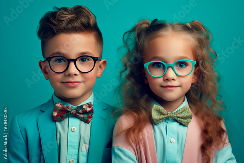 Funny and elegant couple friends 5 year old in glasses poses in the studio. looking at camera on bright background