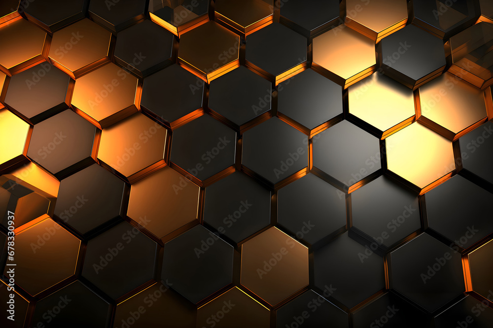Abstract futuristic luxurious digital geometric technology hexagon background banner illustration 3d - Glowing gold, brown, gray and black hexagonal 3d shape texture wall Abstract futuristic luxurious digital geometric technology hexagon background banner illustration 3d - Glowing gold, brown, gray and black hexagonal 3d shape texture wall