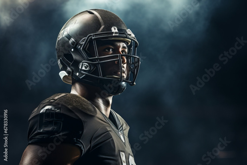 American football player close-up at the stadium in the light of floodlights with smoke © Georgii