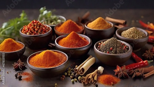 Assortment of Colorful Spices in Bowls on a Dark Background