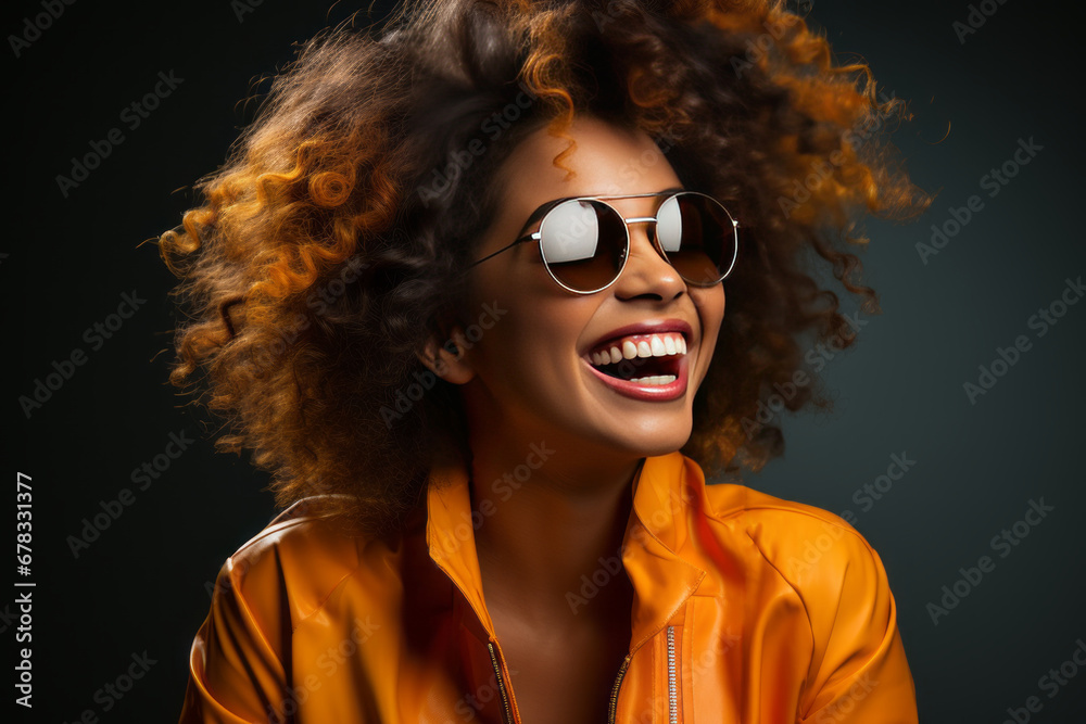 Young beautiful mixed race woman wearing yellow turtleneck sweater. Dark-skinned girl with curly afro hairstyle in sunglasses