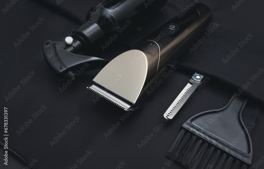 Mens hairdressing desktop with tools for shaving top view. Male haircut, fashion. Hairdresser salon equipment concept, premium hairdressing shears. Accessories for haircut Mens hairdressing desktop with tools for shaving top view. Male haircut, fashion. Hairdresser salon equipment concept, premium hairdressing shears. Accessories for haircut