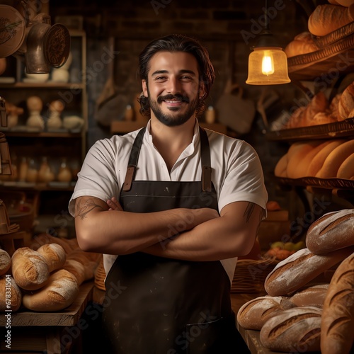 portrait of a happy 30-year-old baker standing in the middle of his bakery with bread in his hands