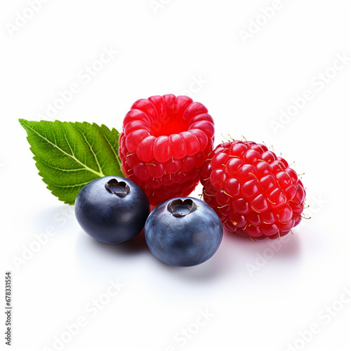 raspberries and blueberries on white background