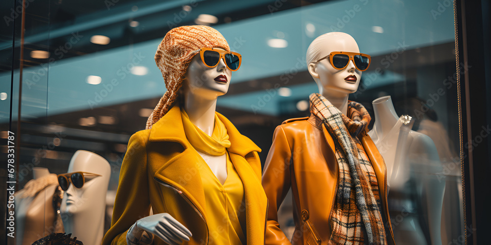 mannequin in the window, Mannequins in clothes, Stylish Window Display of Fashion Store Featuring Giraffe Mannequins. Generative Ai