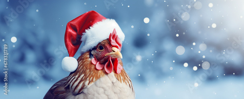 Chicken in christmas santa hat on festive background photo
