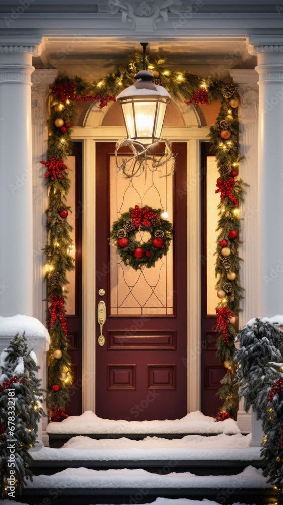 Wooden front door decorated with Christmas wreath and garland.
