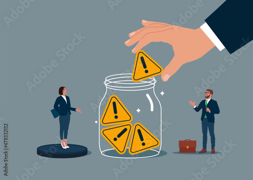 Big hand and tiny business people collect exclamation points into Glass Jar. Work motivation. More problems competition. Critical failure concept. Vector illustration 