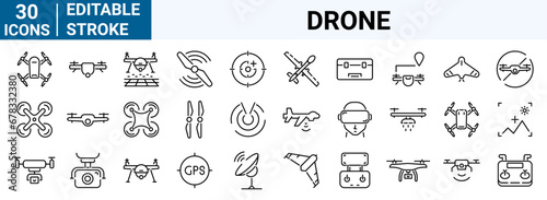 Drone, Quadrocopter line icons set. Fast delivery, remote control, propeller, city map navigation, action camera, radar screen, radio antenna. Collection of Outline Icons. Vector illustration.