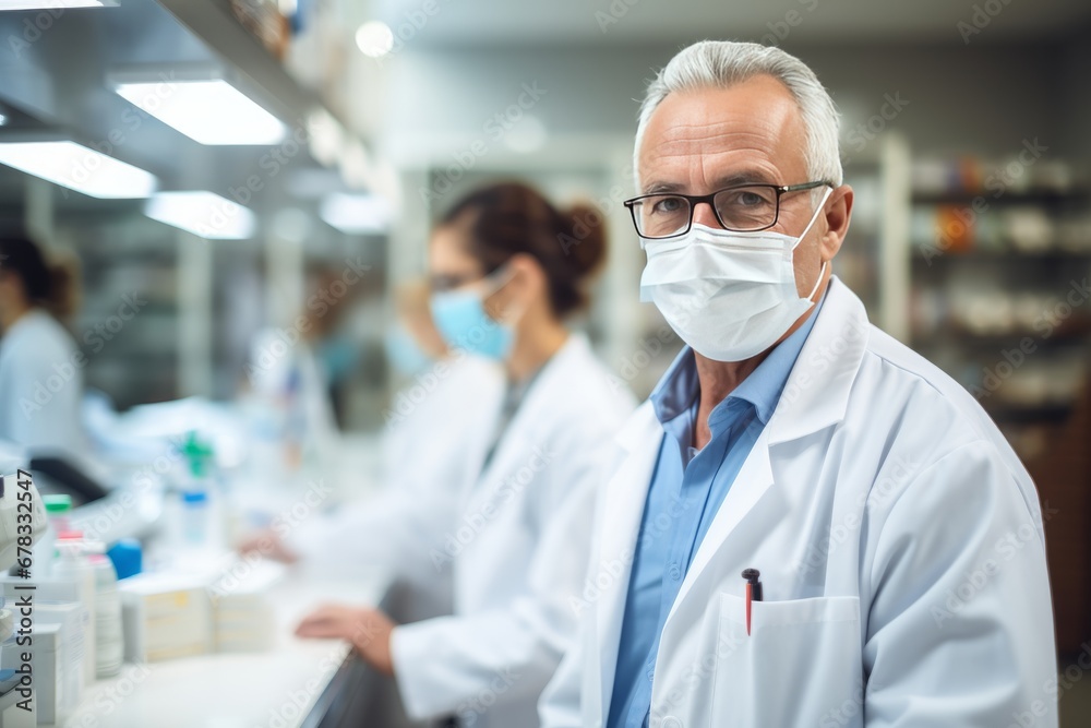 Senior male pharmacist in a pharmacy. An adult man is waiting for clients in a pharmacy. Selling medicines to sick people