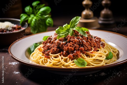 A traditional Italian dish of spaghetti Bolognese, with a rich meat sauce generously coating each strand of pasta...