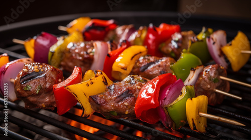 Skewers of marinated kebabs on a grill, showcasing the vibrant colors and tantalizing aromas of a diverse meat selection.