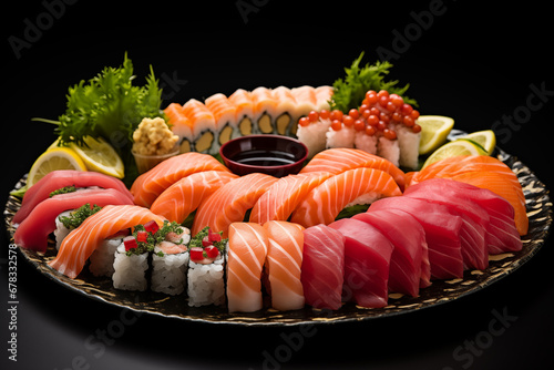An artfully arranged plate of sushi, showcasing the delicate slices of fresh sashimi and rolls featuring various seafood.