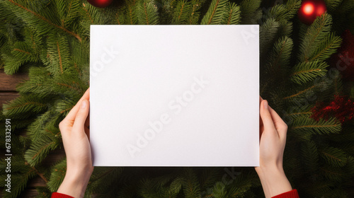 Hands holding a white sheet of paper on the background of Christmas tree branches.