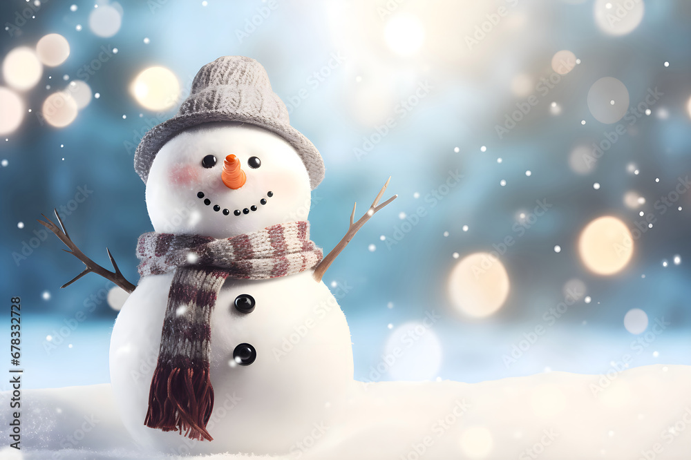 Winter holiday christmas background banner - Closeup of cute funny laughing snowman with wool hat and scarf, on snowy snow snowscape with bokeh lights, illuminated by the sun