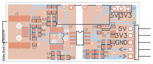 Vector printed circuit board of an electronic 
device with components of radio elements, 
conductors and contact pads placed on it. 
Engineering technical drawing. Electric background. Pcb pattern.   