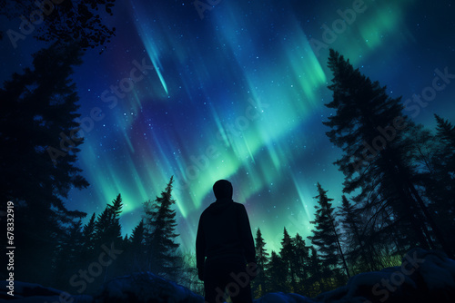 An intimate shot of a person gazing up in awe at the aurora, their silhouette outlined against the cosmic hues.