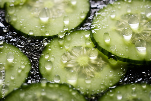 A macro shot of a sliced cucumber, revealing the neatly arranged row of pale seeds nestled within its watery core.