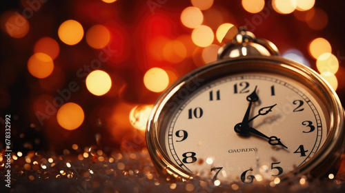 New Year's clock on bokeh background, close-up.