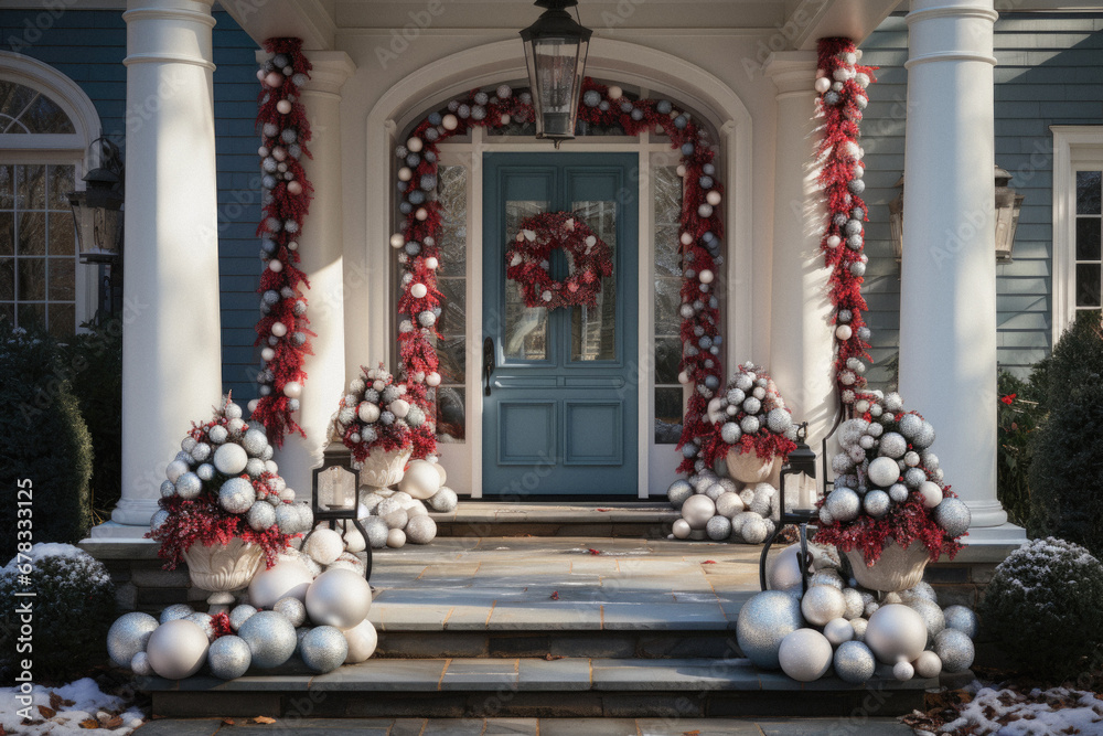 Christmas Decorations on the front door of a New England house.
