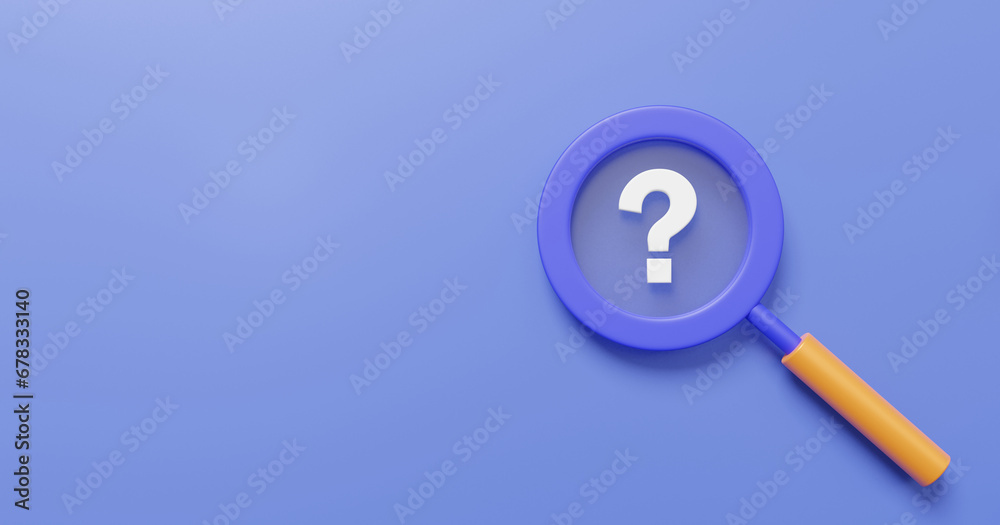 Magnifier search question mark on purple background.  vision planning growth financial future problem ask faq answer solution information, support consultant talk concept. 3d render illustration - obrazy, fototapety, plakaty 