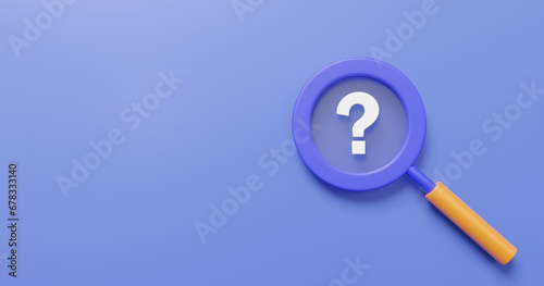 Magnifier search question mark on purple background.  vision planning growth financial future problem ask faq answer solution information, support consultant talk concept. 3d render illustration photo