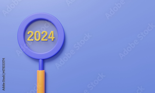 Minimal cartoon style magnifying search vision target Happy new year 2024 golden, business planning in future investment trends next new year research analysis, copy space, banner. 3d rendering