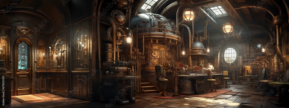 Interior design of a steampunk home, banner format.