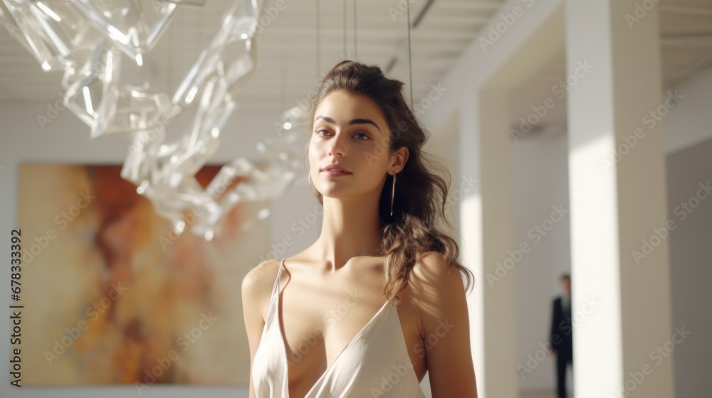 Fototapeta premium A woman in a white dress standing in a room
