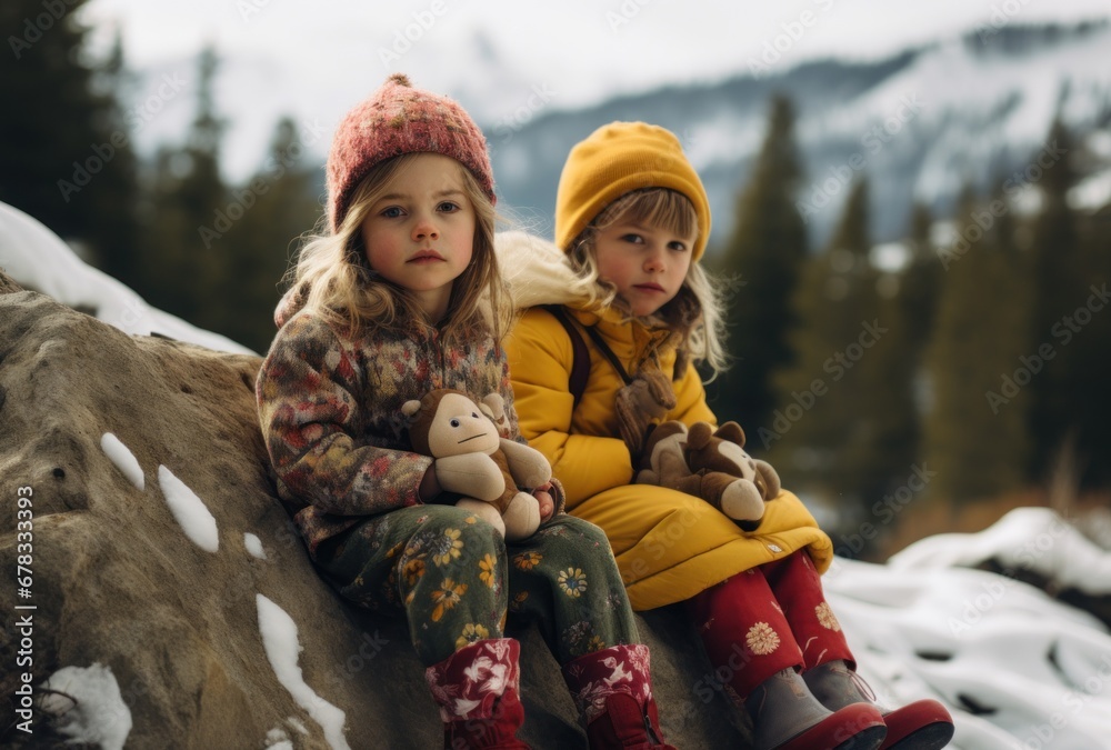 Two little girls sitting on a rock in the snow