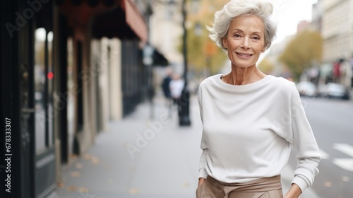 An older woman walking down a city street