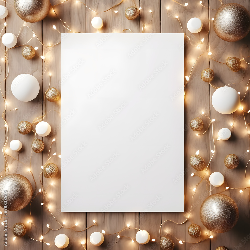 Fototapeta premium poster mockup paper with christmas decoration, top view, lights and white paper for copy space