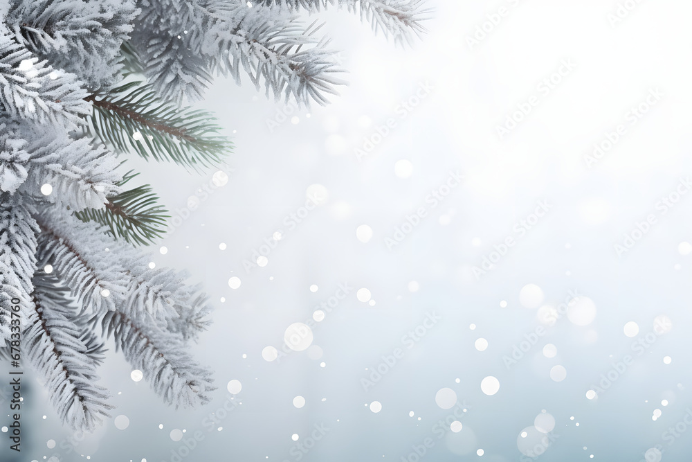 winter background banner with white snowy tree branches, copy space for mockup, frost and spruce branch with free space for decoration winter background banner with white snowy tree branches, copy space for mockup, frost and spruce branch with free space for decoration