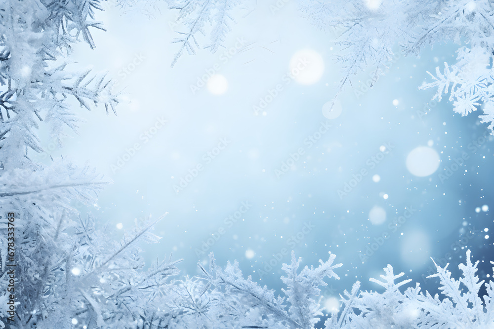 christmas background with snowflakes, snow covered tree branches, copy space to use as mockup