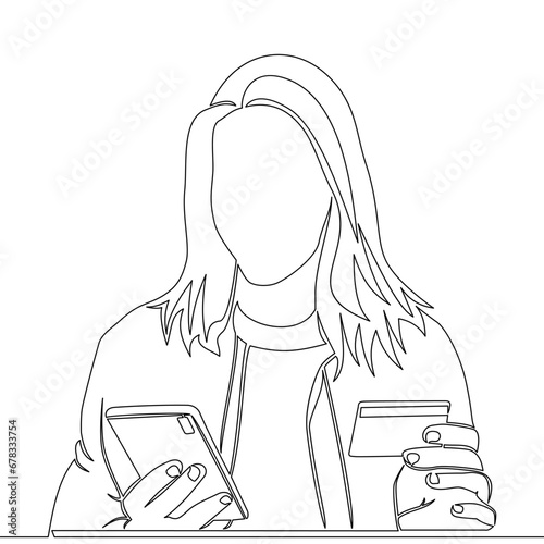 Continuous line drawing Young women is shopping online Spends via credit card by mobile app concept