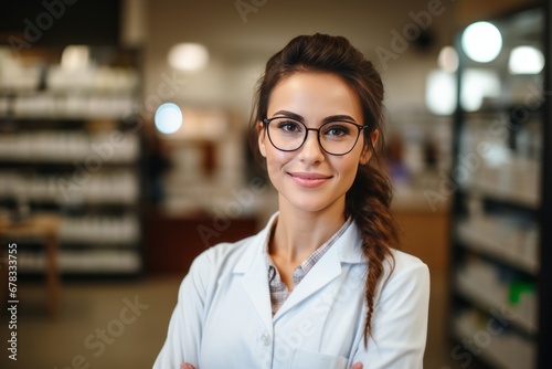 Portrait of happy professional female pharmacist in chemist