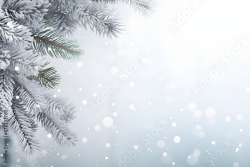 winter background banner with white snowy tree branches, copy space for mockup, frost and spruce branch with free space for decoration