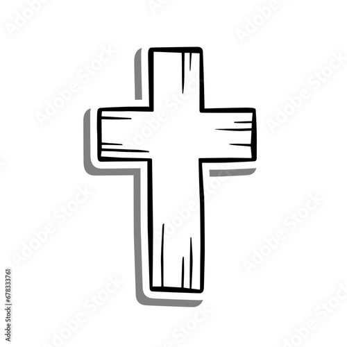 Wood Cross Outline on white silhouette and gray shadow. Hand drawn cartoon style. Vector illustration for decorate and any design.