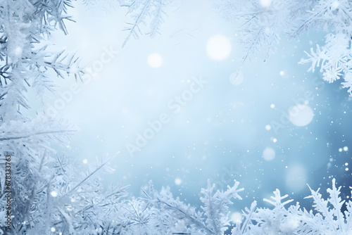 christmas background with snowflakes  snow covered tree branches  copy space to use as mockup