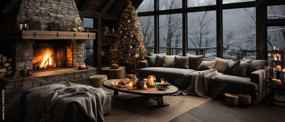 Naklejka premium Cozy living room with fireplace and christmas tree, panorama.