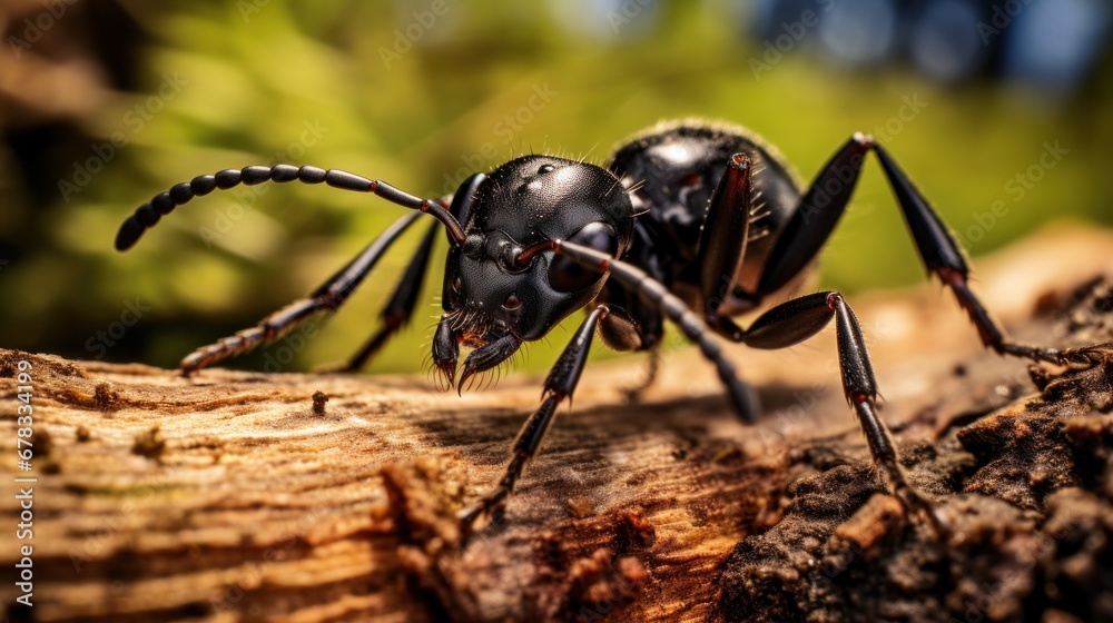 Close-up of a black garden ant on wood, generative ai. Close-up of a black garden ant on wood, generative ai.