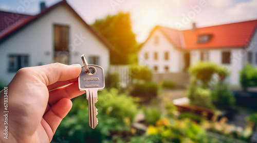 Une main tenant une clé devant une maison avec un jardin ensoleillé en arrière-plan. photo