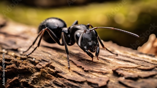 Close-up of a black garden ant on wood, generative ai. © Hixel