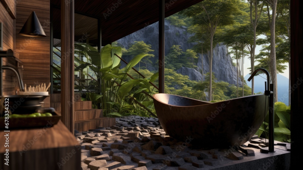 The interior design of wooden and pebbles bathroom style in dark tone color with the tropical mountain view. Generative AI image AIG30.