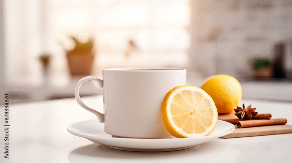 A cup of tea with lemon on the table in the kitchen. A cup of tea with lemon on the table in the kitchen.