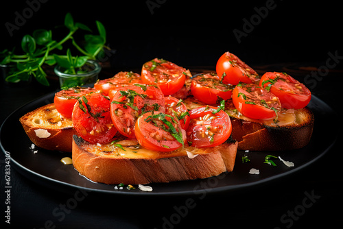 A pieces of toasted bread topped with tomatoes. Vegetarian sandwich. Generative AI