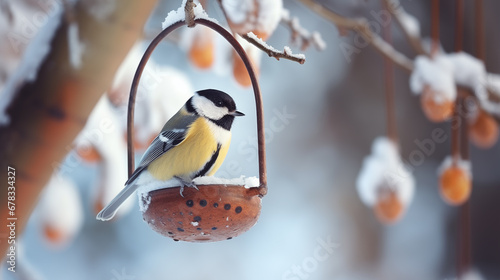 A tit sits on a feeder in winter. photo