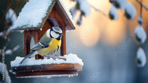 A tit sits on a feeder in winter. photo